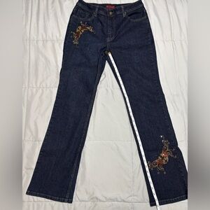 HI Jeans, dark wash, flared jean w butterfly embroidery, stretch denim SIZE 10